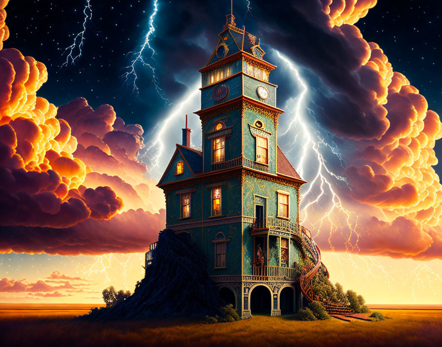 Victorian house on rocky outcrop with stormy skies at dusk