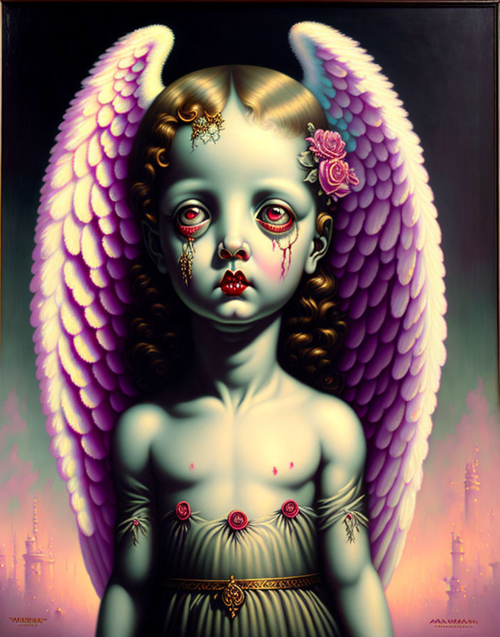 Surreal portrait of child with angel wings, bleeding eyes, piercings