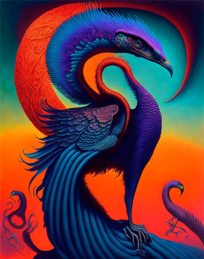 Colorful surreal painting: Peacock with exaggerated features on warm gradient.