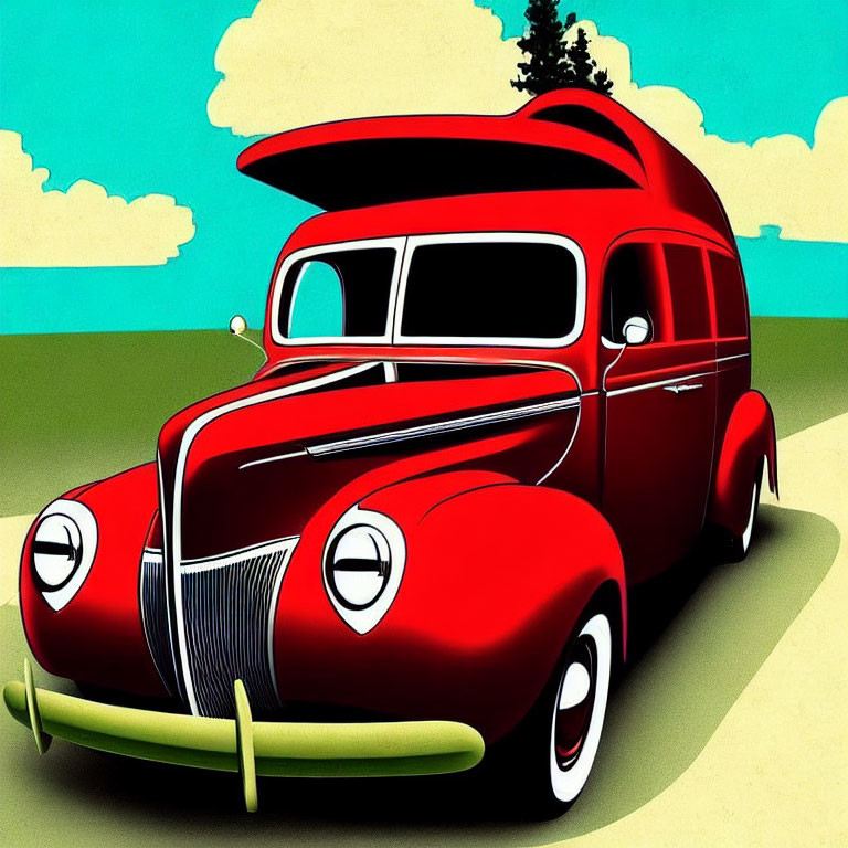 Stylized illustration of red classic car on green landscape