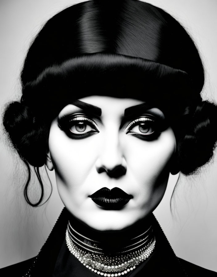 Monochrome portrait of a woman in beret and pearls with dramatic makeup