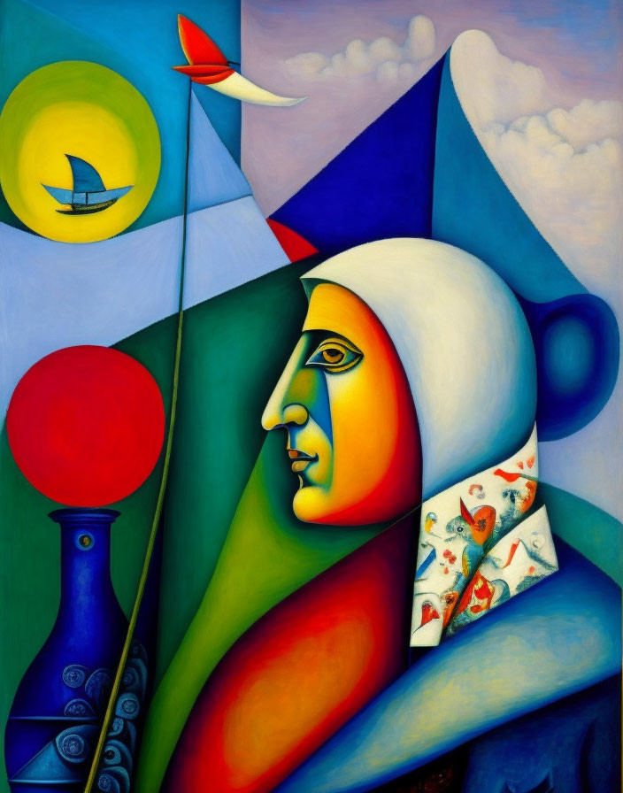 Colorful Abstract Surreal Painting with Human Profile, Geometric Shapes, Ship, Sun, Moon