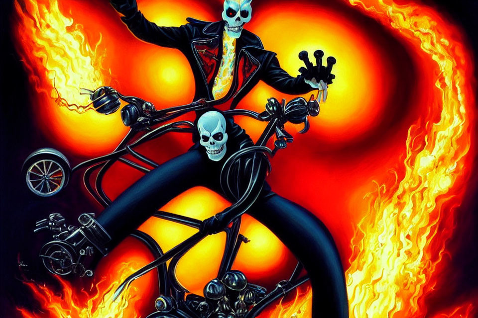 Skeleton in leather jacket rides flaming chopper motorcycle