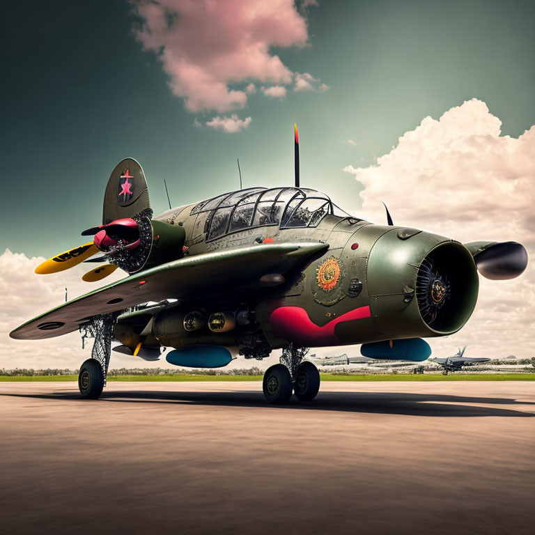 Vintage Military Aircraft with Camouflage Paint and Nose Art on Tarmac