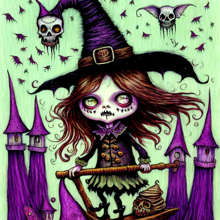 Stylized witch illustration with broom, skulls, bats, and dark towers