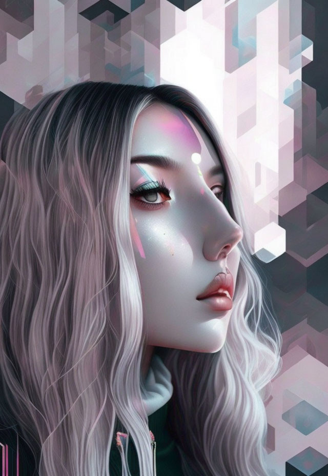 Abstract digital artwork featuring woman with wavy grey hair and pink glow on pale skin, set against geometric