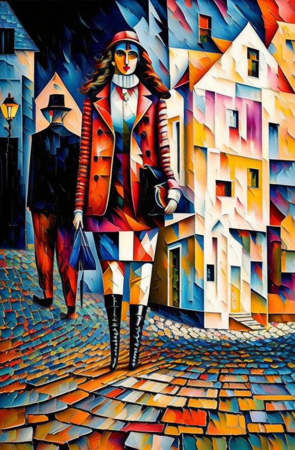 Vibrant Cubist-style painting of a fashionable woman on colorful street