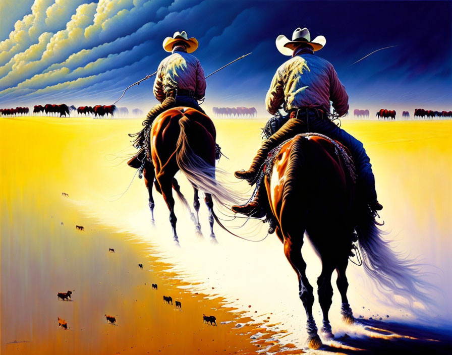 Cowboys on horseback under dramatic sky with golden horizon and trees.