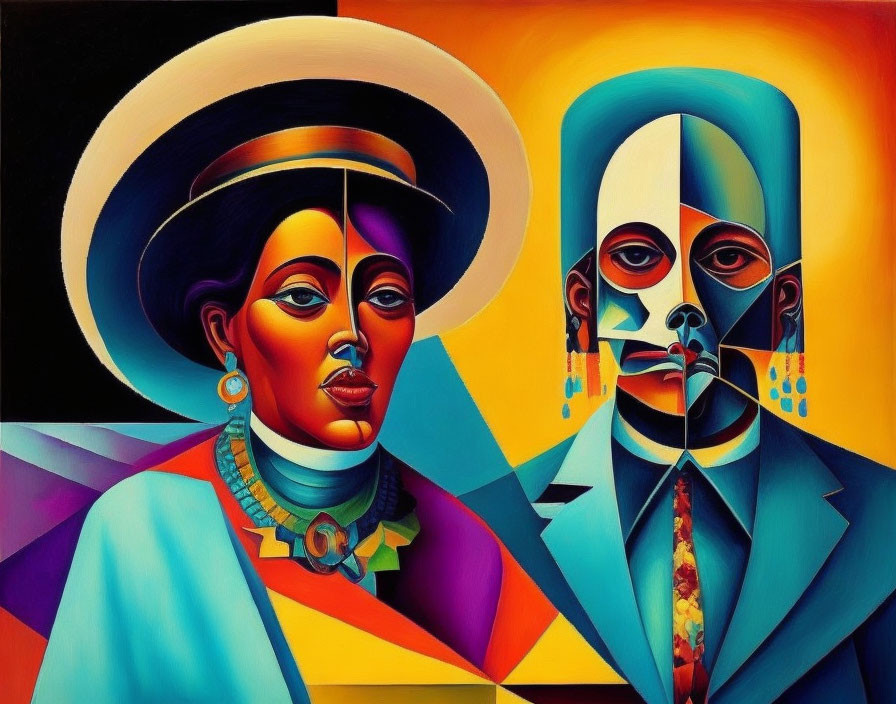 Abstract painting of stylized man and woman in colorful, geometric shapes