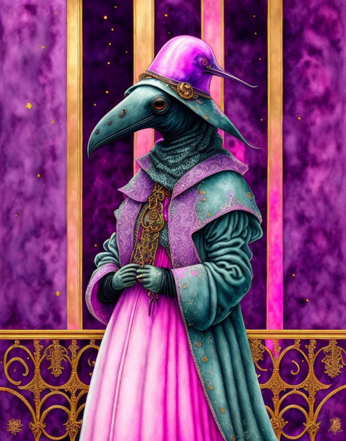 Vibrant medieval-style costume with beaked plague doctor mask on purple background