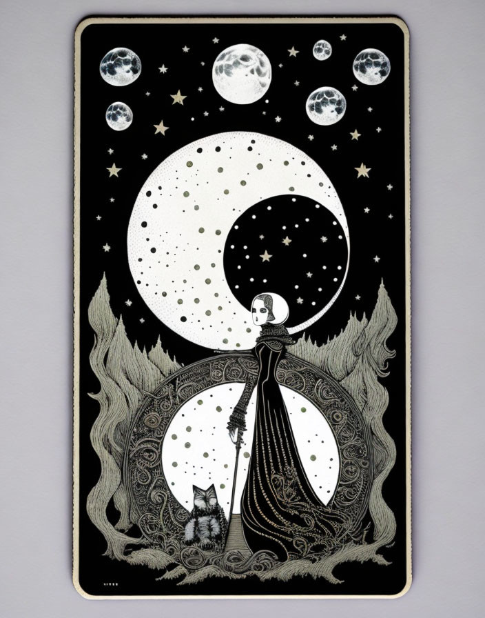 Stylized illustration of person and cat in ornate yin yang symbol with celestial bodies