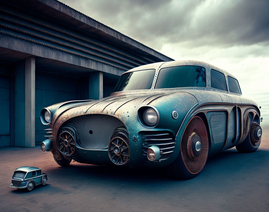 Digitally altered vintage car and toy replica against overcast sky.