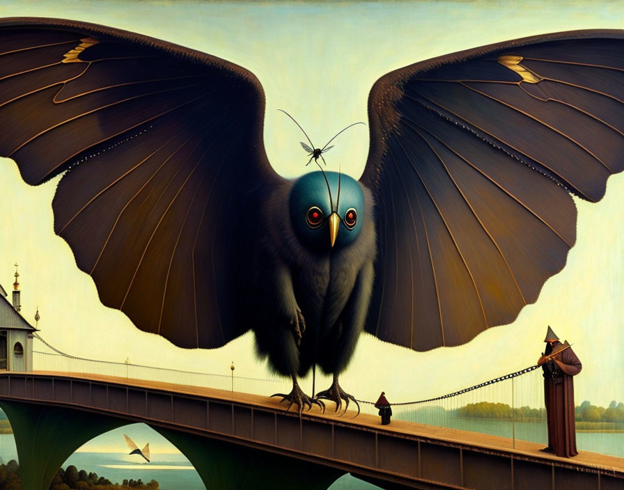 Surreal painting: Butterfly with owl face on bridge with town and church.