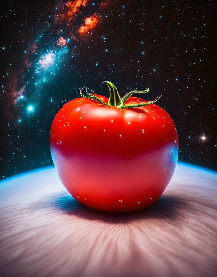 Ripe tomato with green stem against cosmic backdrop and galaxies