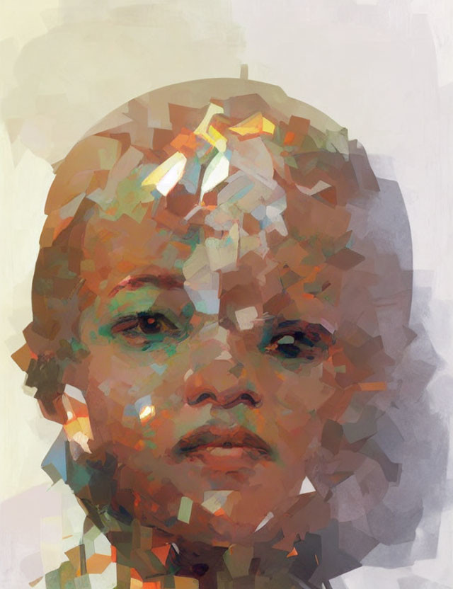 Child's portrait with fragmented polygonal texture overlay in warm tones