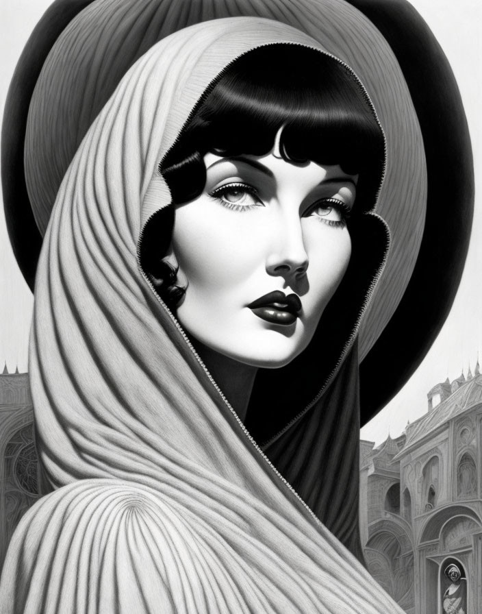 Detailed monochrome illustration of woman with halo and gothic architecture.