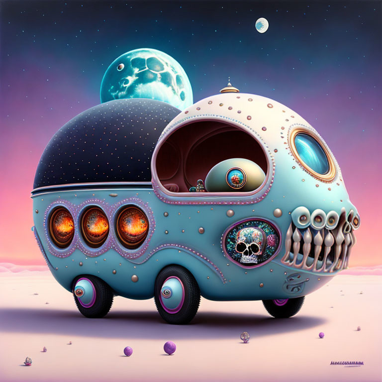 Skull-like design vehicle with celestial motifs under moonlit lavender sky