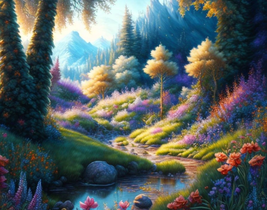 Vibrant forest scene with stream, colorful flowers, and sunlight filtering through canopy