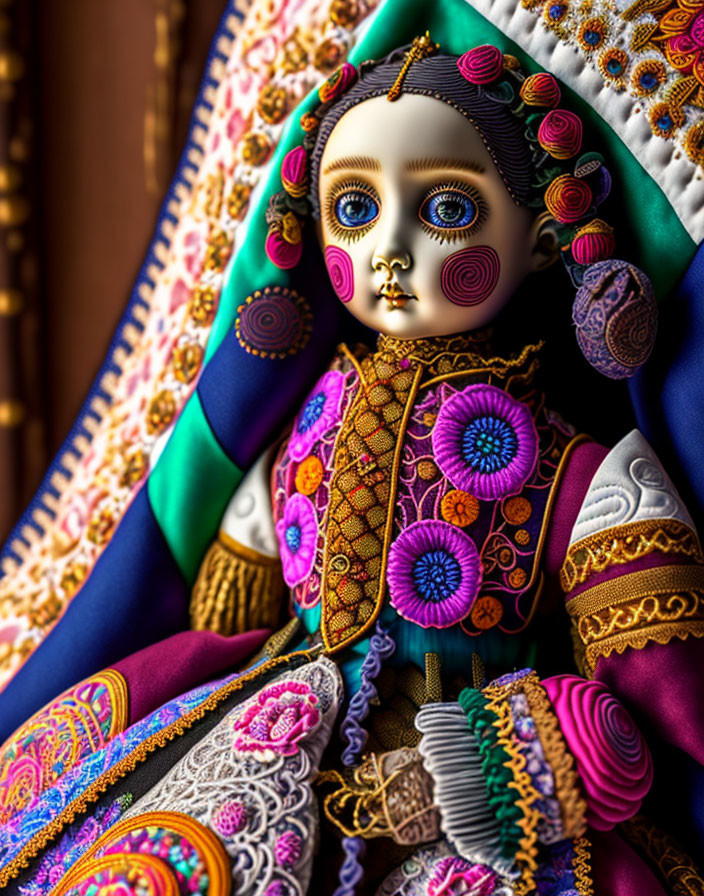 Intricate porcelain doll with colorful ornate costume