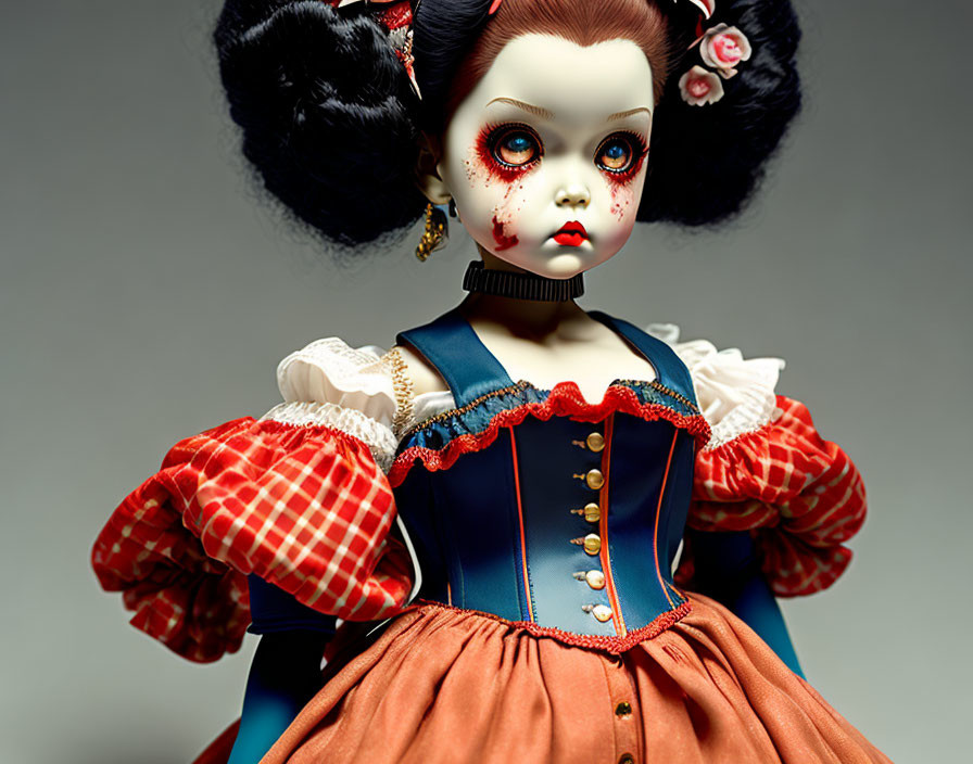 Vintage doll with large eyes in red, white, and blue dress with lace and flowers