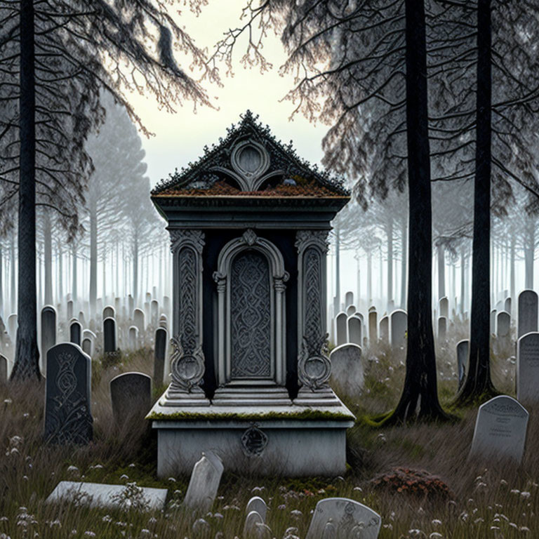 Gothic mausoleum in foggy forest with gravestones