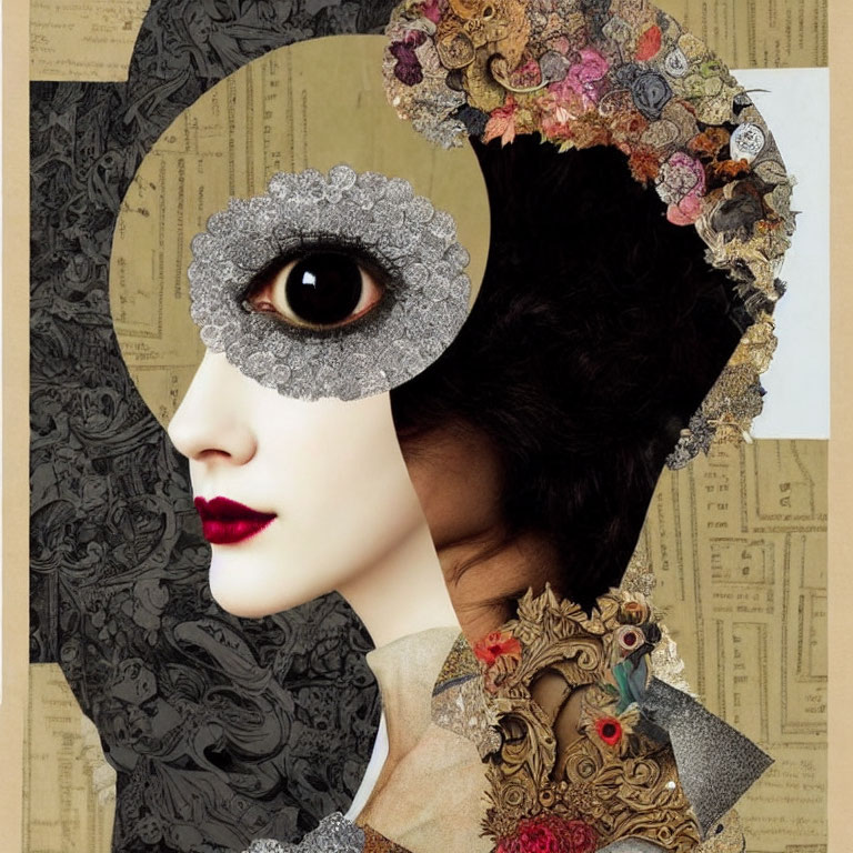 Mixed Texture Collage of Woman with Masquerade Mask & Floral Elements