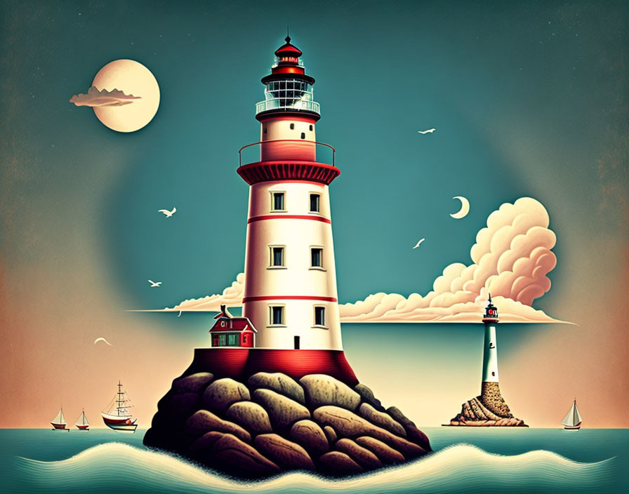 Whimsical red and white lighthouse illustration with ships and birds in dreamy sky