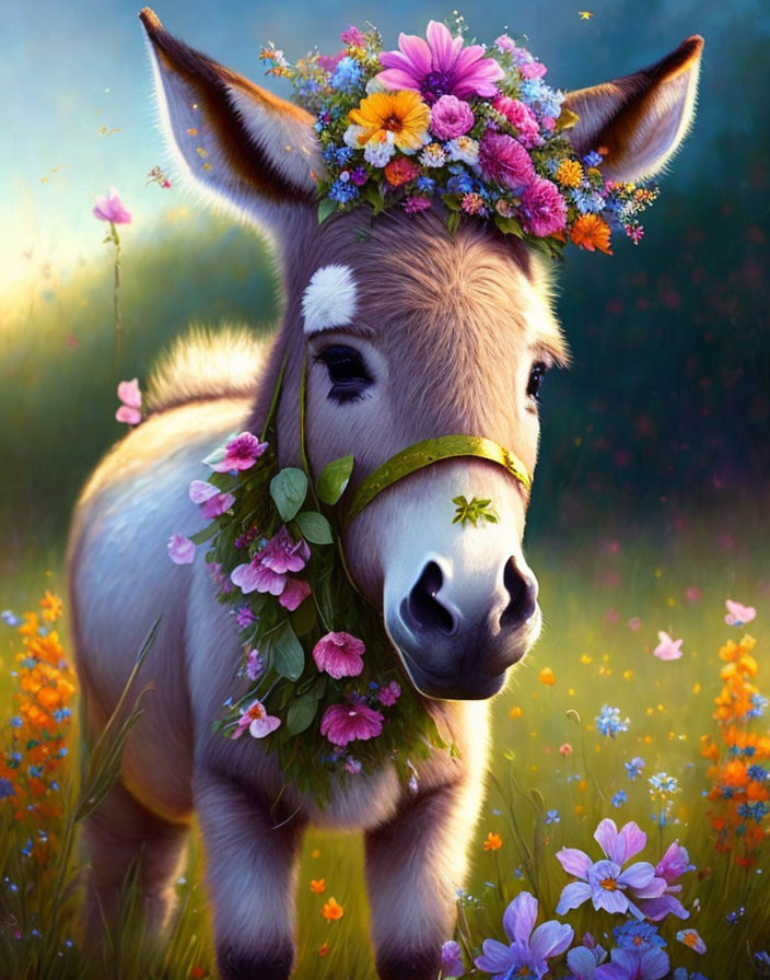 Donkey with flowing mane in vibrant floral wreath among colorful field