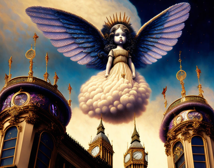 Whimsical winged doll-like figure on cloud with clock towers under starry sky