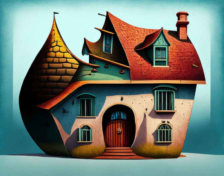 Colorful Distorted House Illustration on Teal Background