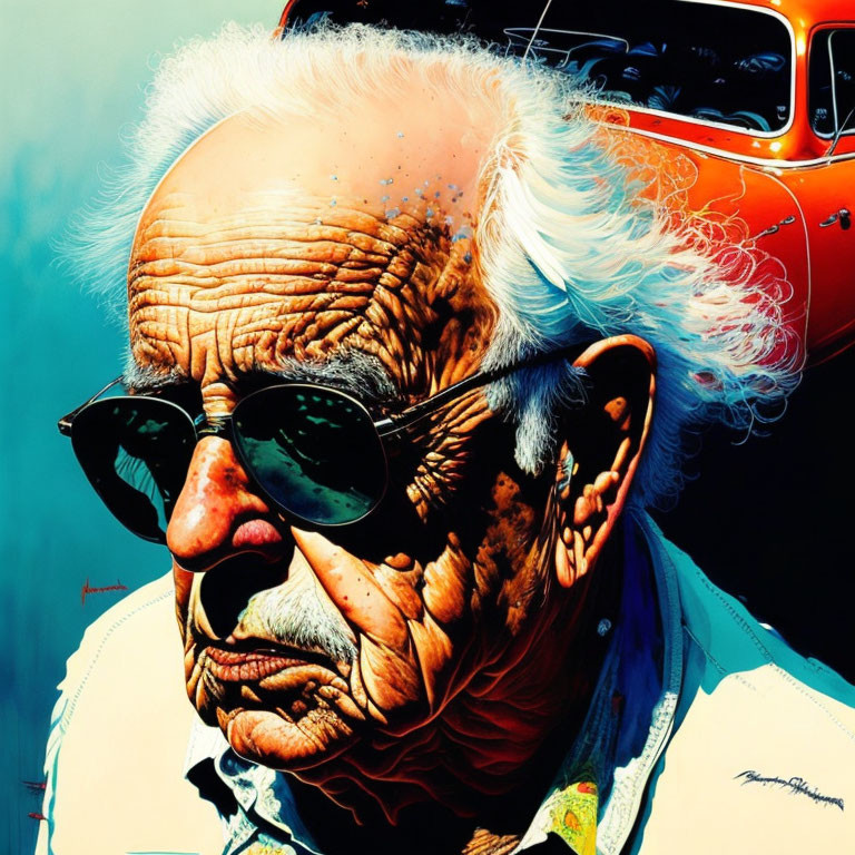 Elderly man with white hair and sunglasses by classic orange car