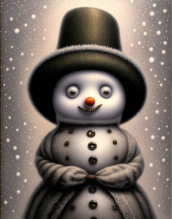 Anthropomorphic snowman with top hat and coat in gentle snowfall