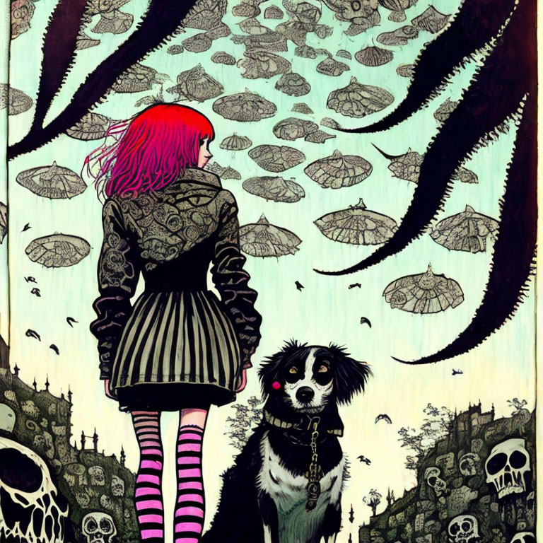 Pink-haired girl and dog in surreal landscape with floating umbrellas, skulls, and plants.