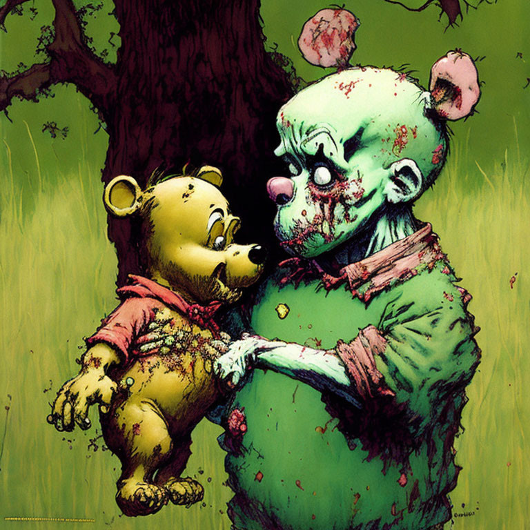 Zombified bear holding smaller bear in dimly-lit forest