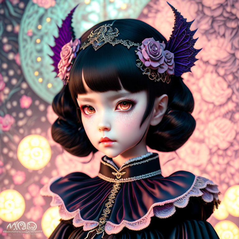 Digital artwork of girl in gothic Lolita attire with large eyes, floral headpiece, and glowing