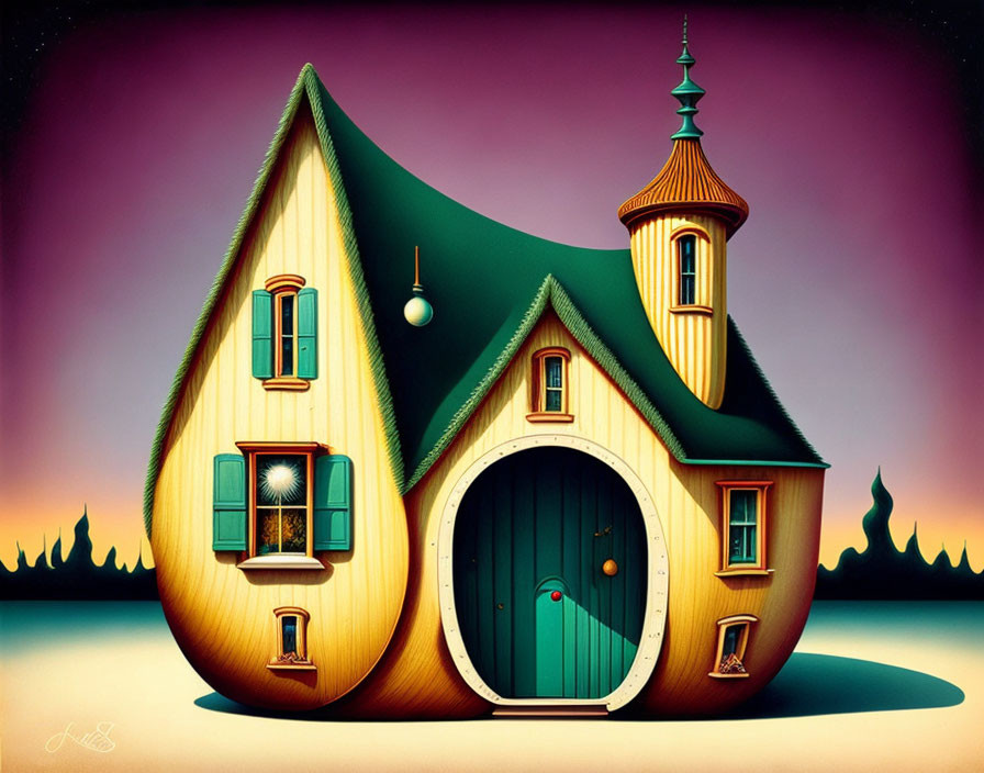 Whimsical illustration of stylized house with exaggerated features