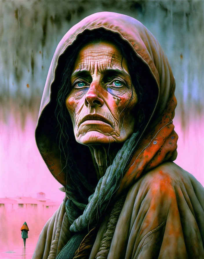 Detailed Painting: Elderly Woman in Hooded Garment, Contemplative Expression, Blurred Red