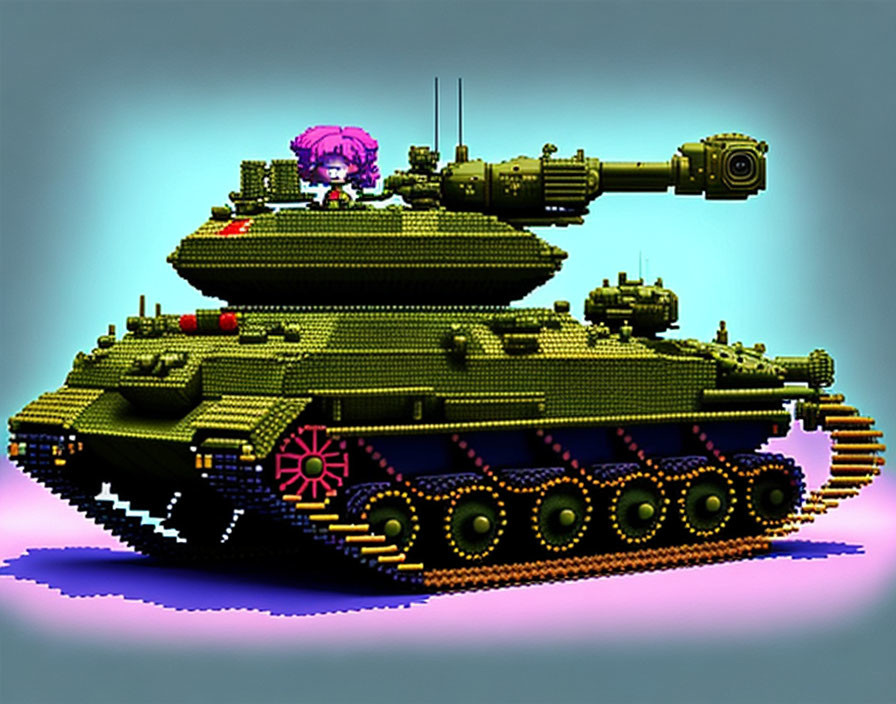 Pixel Art Image: Green Military Tank with Red and Yellow Details and Small Purple Character with Pink Hair