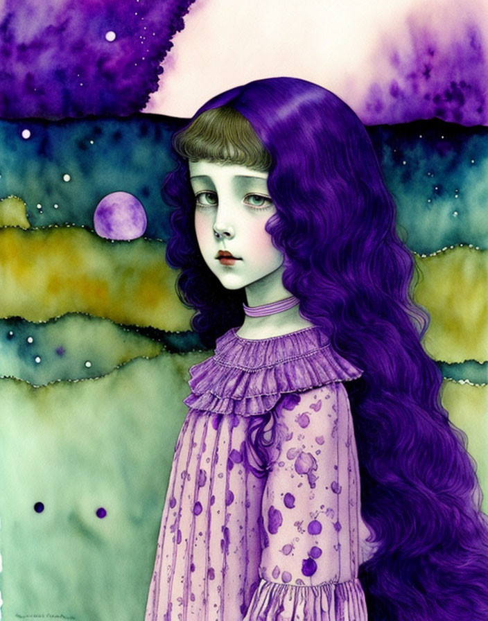 Illustration of girl with purple hair in surreal setting