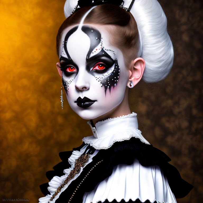 Person wearing white and black clown makeup with rhinestones, ruffled Victorian collar, black and