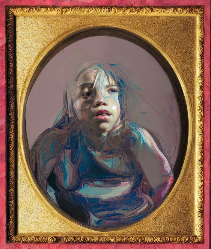 Young person with contemplative expression in ornate golden frame, featuring distorted, liquid appearance