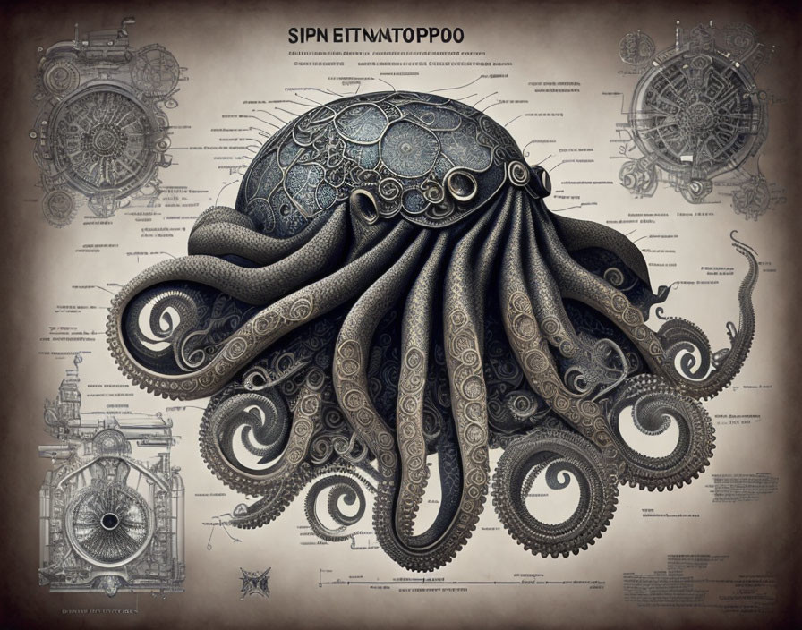 Steampunk octopus illustration with mechanical gears on text-filled background