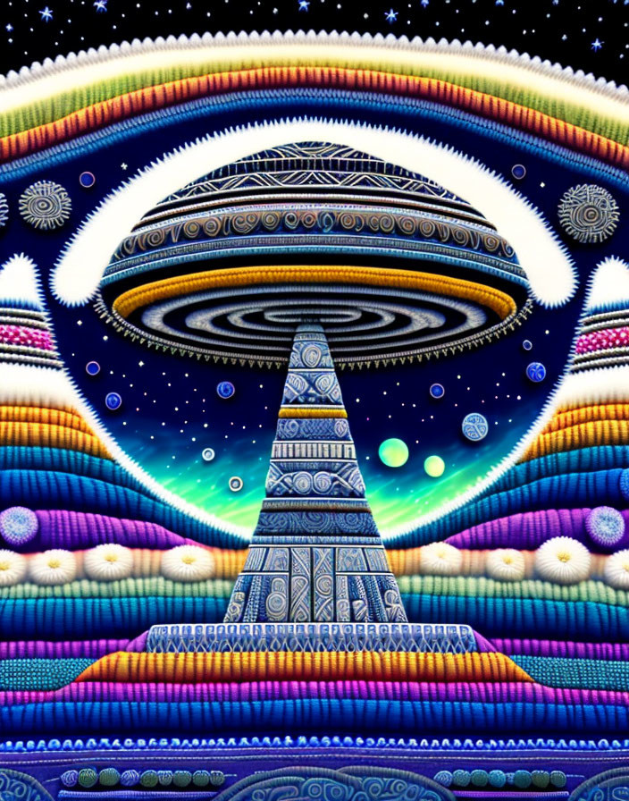 Colorful UFO beaming over pyramid in psychedelic sky