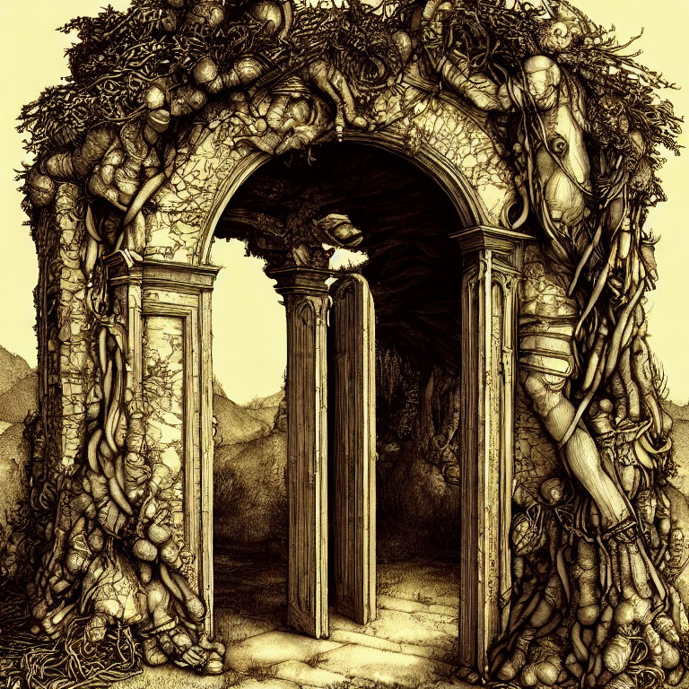 Detailed illustration of arched doorway with vines and roots
