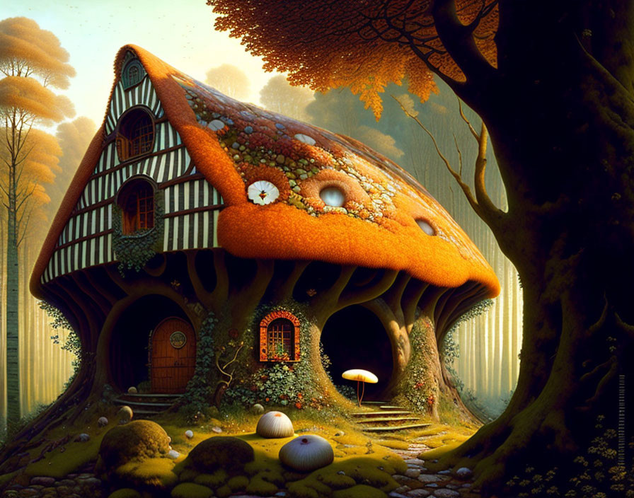 Whimsical mushroom-shaped roof cottage in autumnal forest