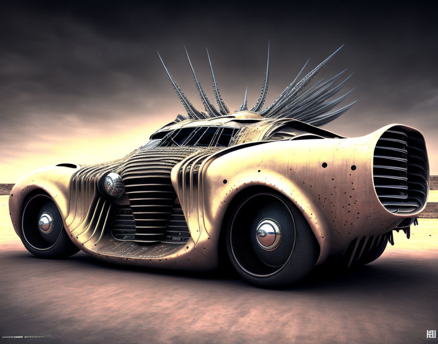 Futuristic elongated spiky car in desert at dusk