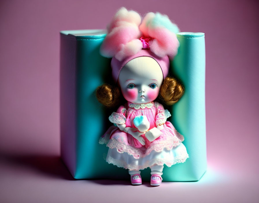 Porcelain doll with big eyes and pink dress holding heart on blue backdrop