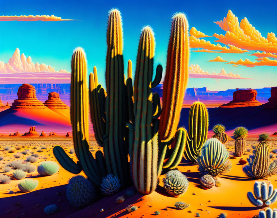 Colorful desert scene with large cacti, mesas, and buttes under a blue sky