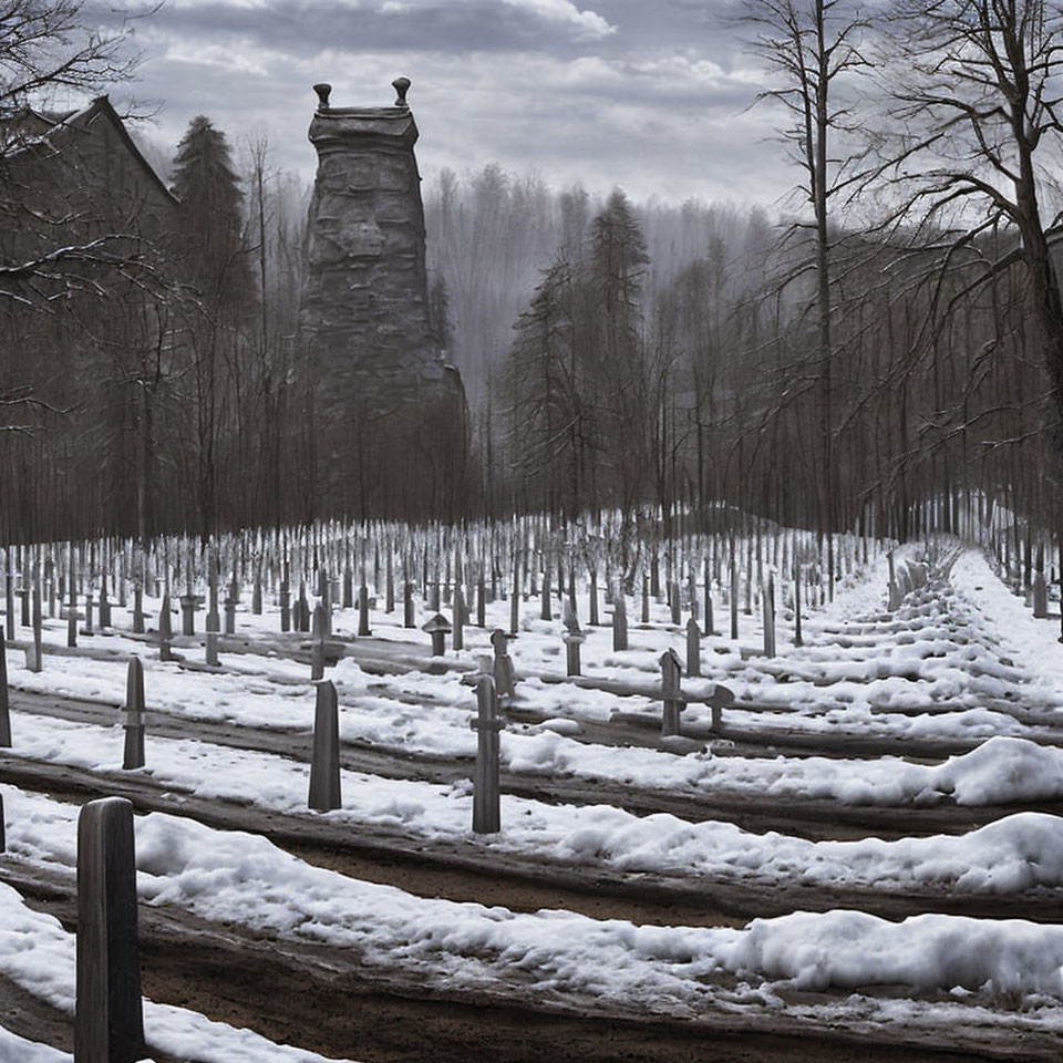 Foggy snow-covered cemetery with crosses and memorial tower