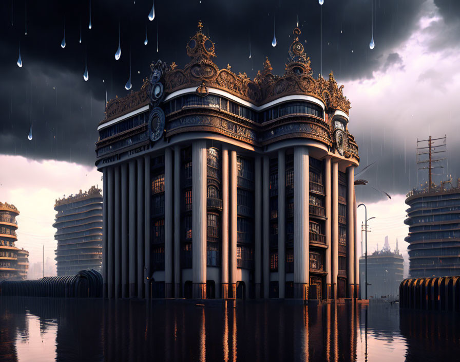 Elaborate classical building in floodwaters under stormy sky